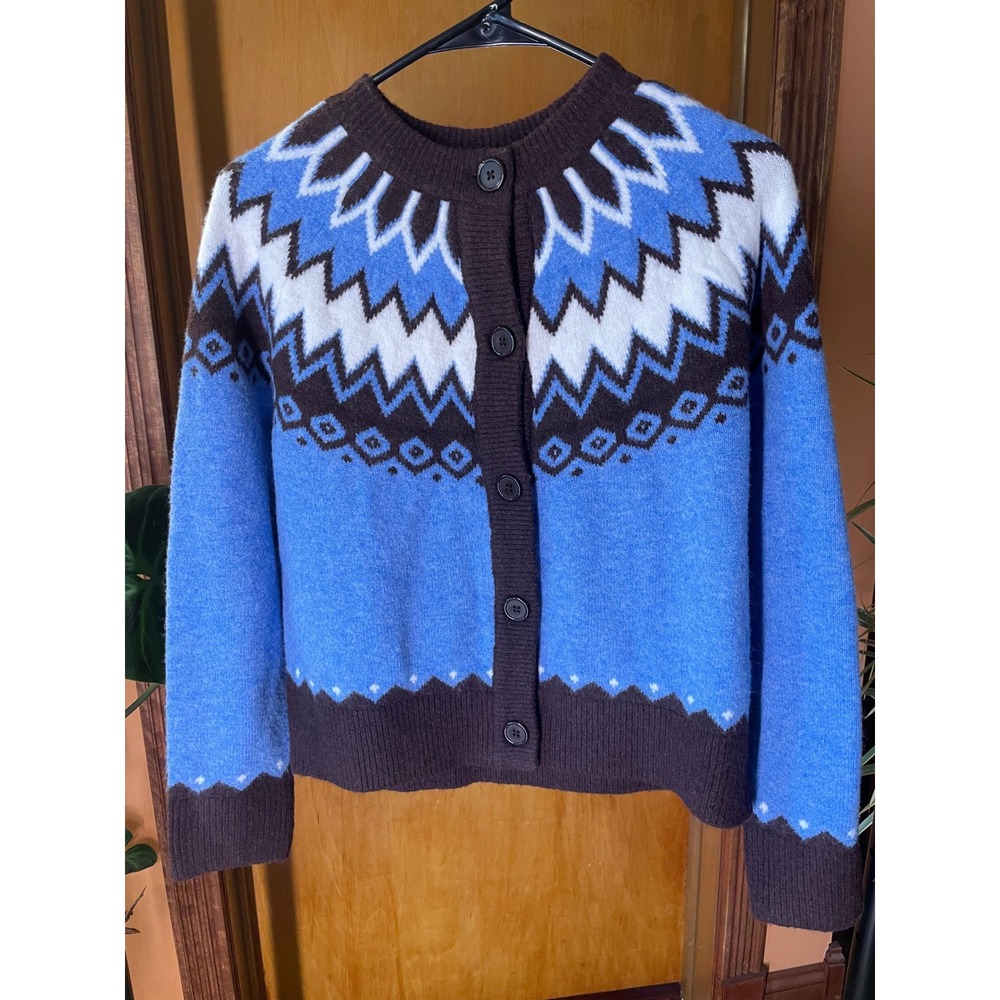 Joie Blue Brown Fair Isle Wool Blend Cardigan Sweater Small Boho Cottagecore
